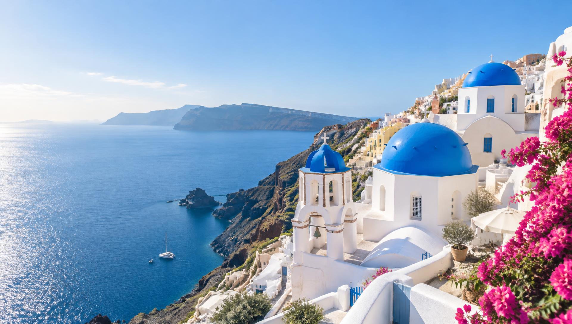 Santorini coast with white buildings and blue domes